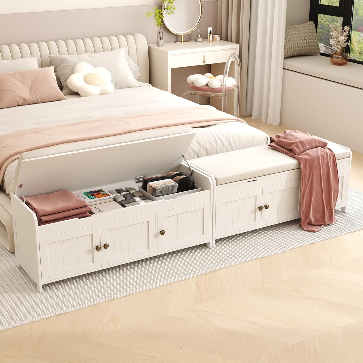 HOMEFORT 41.3" Shoe Bench with Lift Top Storage, Entryway Bench with Cushioned Seat, Wooden End of Bed Bench, Shoe Cabinet Bench with Hidden Storage Space, for Bedroom, Hallway,White - Image 2