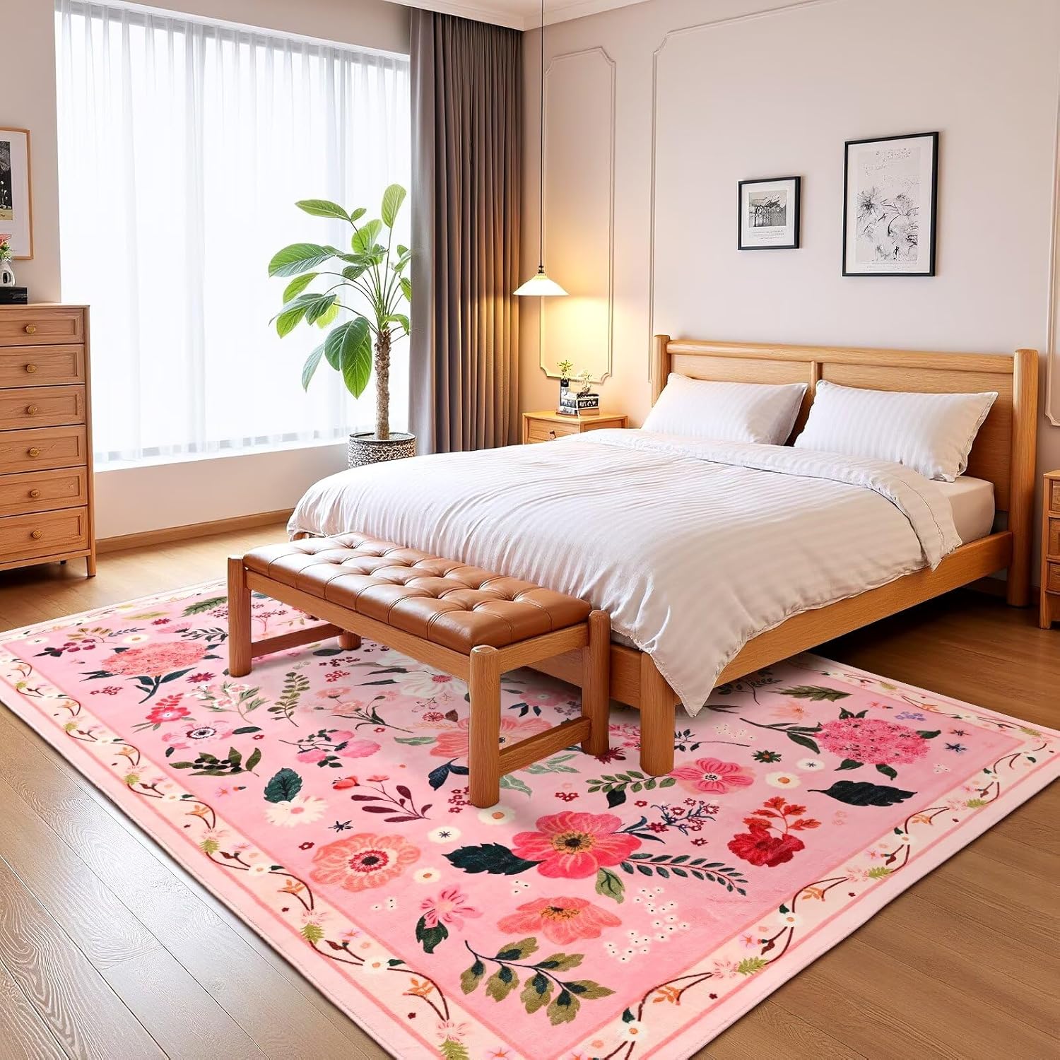 5x7 Pink Floral Rug for Living Room, Machine Washable Area Rugs with Non Slip Backingfor Girls Bedroom, Cute Flowers Carpet Kitchen Dining Room Kids Playroom Decor - Image 3