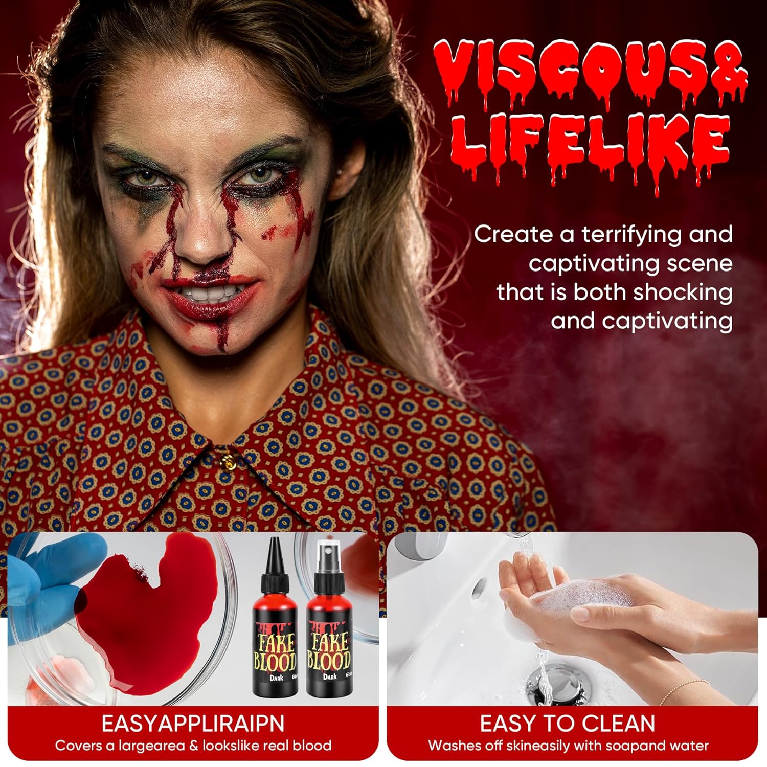 7 PCS Halloween Fake Blood Spray Makeup Kit - Fake Blood 2.1oz X4 + Coagulated Blood Gel 1.41oz + Soap + Sponge, Washable Blood Paint for Clothes SFX Makeup Vampire Accessories, Dark & Fresh - Image 3