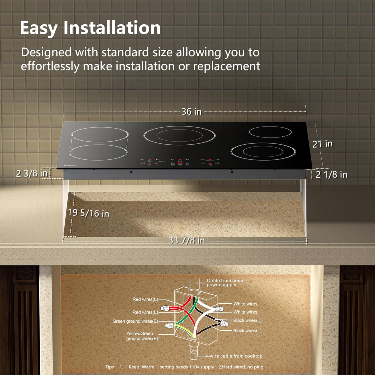 36 Inch Electric Cooktop 5 Burners, ETL & FCC Certificated, Sync Burner, Quick Boil, Keep Warm Setting, 9 Heating Level, Timer, Child Lock & Auto Shutdown, 9000W, Drop-in Electric Stove Top - Image 5