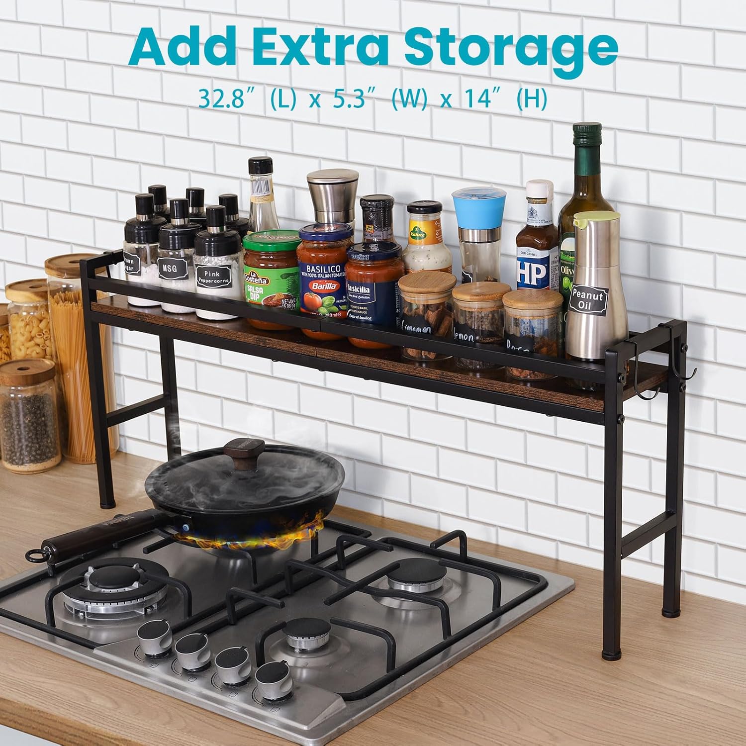 Spice Rack Shelf for Kitchen Stove,Stove Top Shelf with 4 hooks Extra Storage Countertop, Seasoning Organizer,Kitchen Organizers and Storage - Image 6