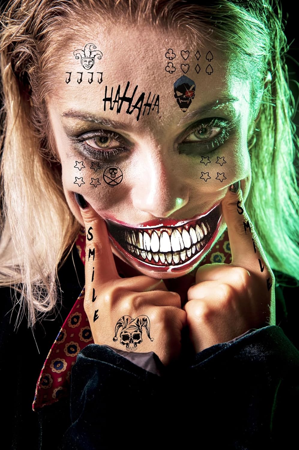 5 Sheets Cosplay Clown Prince JOKAR Temporary Tattoos – Large Tattoo Stickers for Men, Women, and Kids – Evil Smile and Jester-themed Fake Tattoos for Cosplay, Halloween, and Parties – 8.2 x 11.6 Inch - Image 5