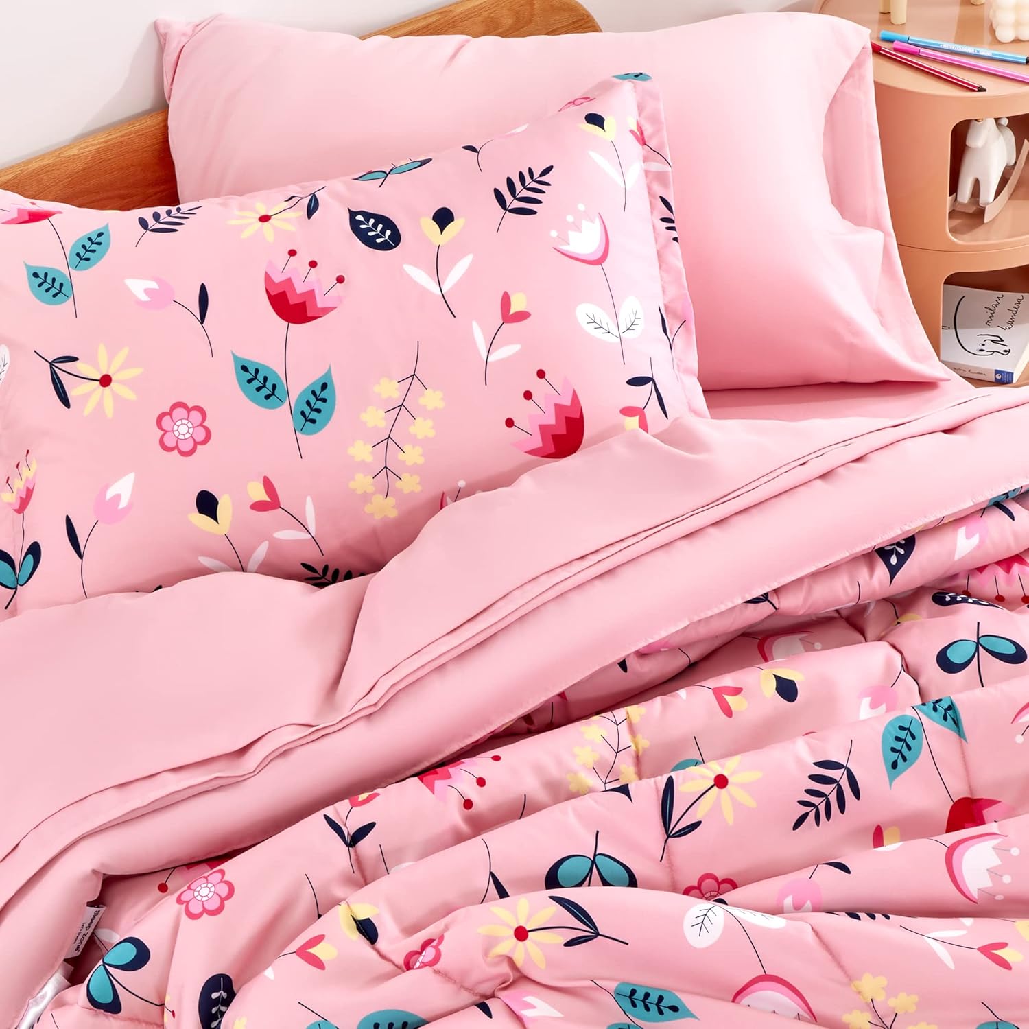 SLEEP ZONE Kids Twin Bedding Comforter Set - Super Cute & Soft Kids Bedding 5 Pieces Set with Comforter, Sheet, Pillowcase & Sham (Pink Flower) - Image 3