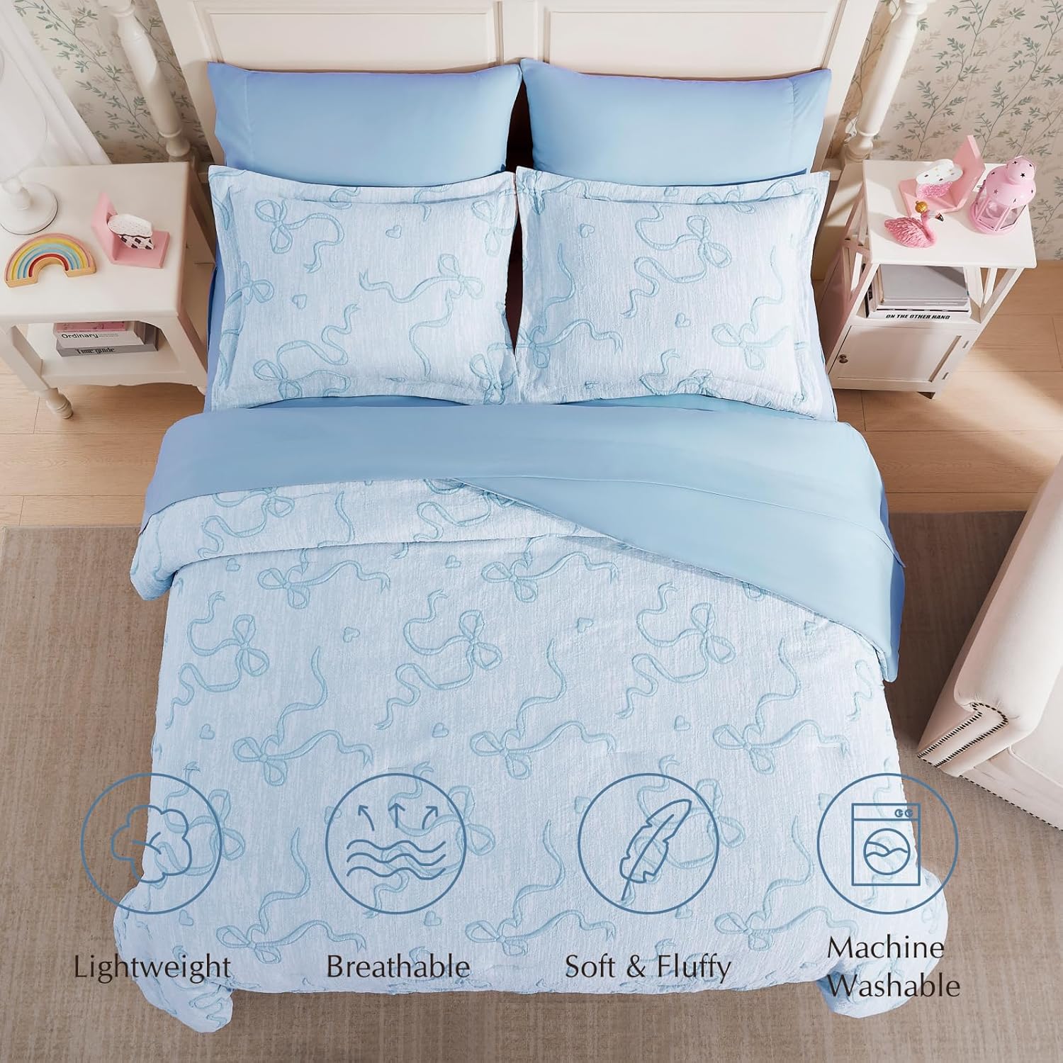 Geniospin Light Blue Full Comforter Set for Girls- 7 Pieces Bowknot Jacquard Bed in A Bag Twin Bedding Sets with Sheets, Pillowcases & Shams, All Season Kids Comforter Set - Image 5