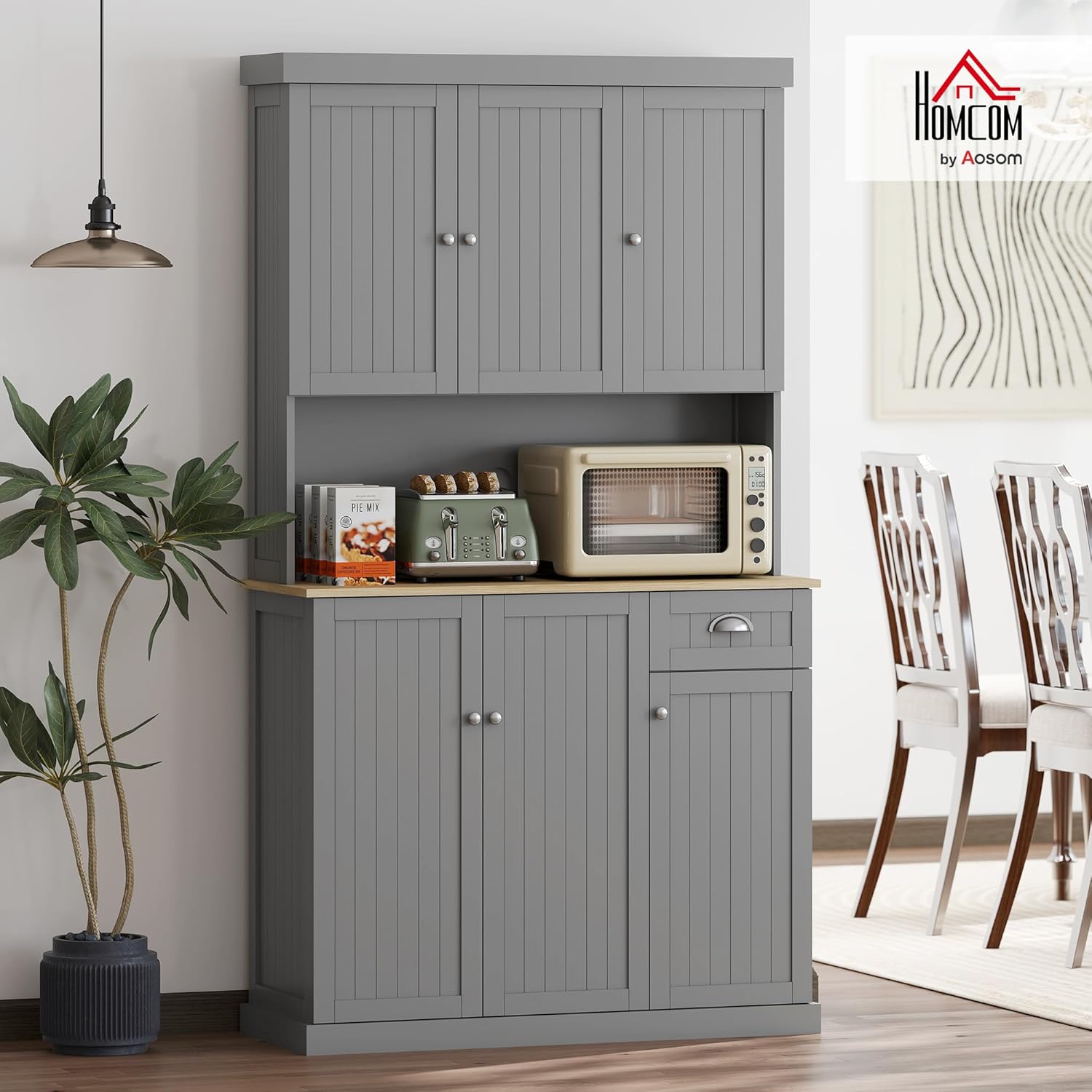 HOMCOM 71" Buffet with Hutch, Modern Farmhouse Kitchen Pantry Storage Cabinet with Microwave Oven Countertop, Drawer, Gray - Image 2