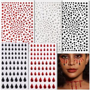 Teenitor Black and Red Face Gems Face Jewels, Black and Red Face Rhinestones for Face Makeup Halloween Gem Stickers, Self-Adhesive Stick On Gems for Halloween Makeup