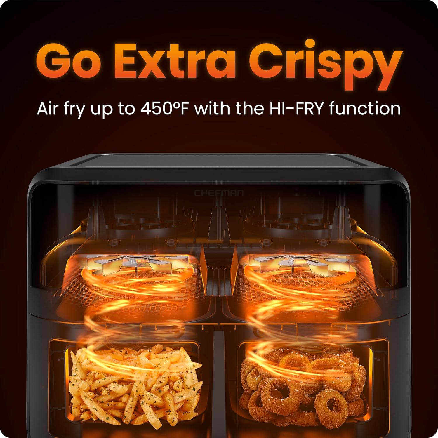 CHEFMAN 6 Quart Dual Basket Air Fryer Oven with Easy View Windows, Sync Finish, Hi-Fry, Auto Shutoff, 2 Independent 3Qt Nonstick Dishwasher Safe Frying Baskets, Digital Double Air Fryer - Black - Image 3