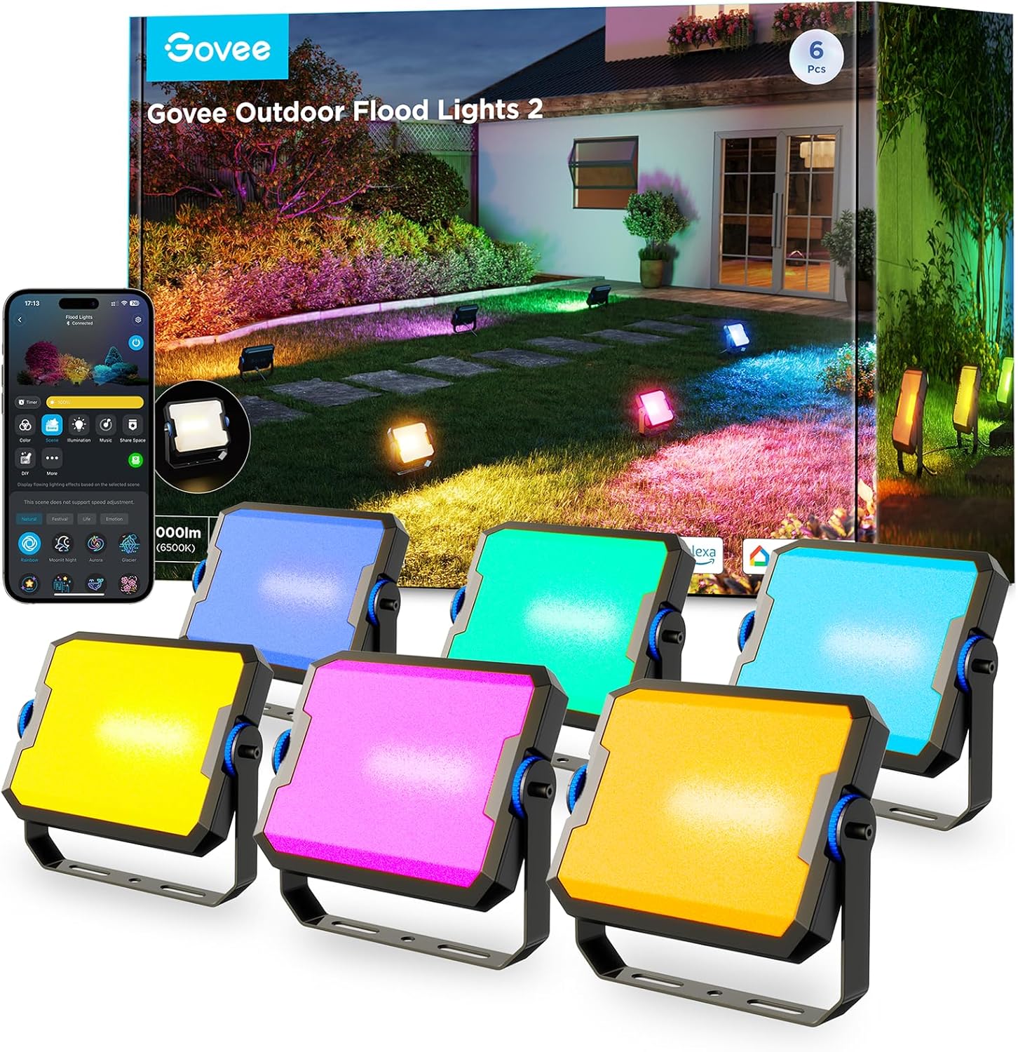 Govee Outdoor Flood Lights 2, RGBIC Warm Cold White LED Lights for Outdoor Decorations, 50 Scene Modes, Landscape Lighting, Upgrated IP66 with App Control, Wired 6 Pack