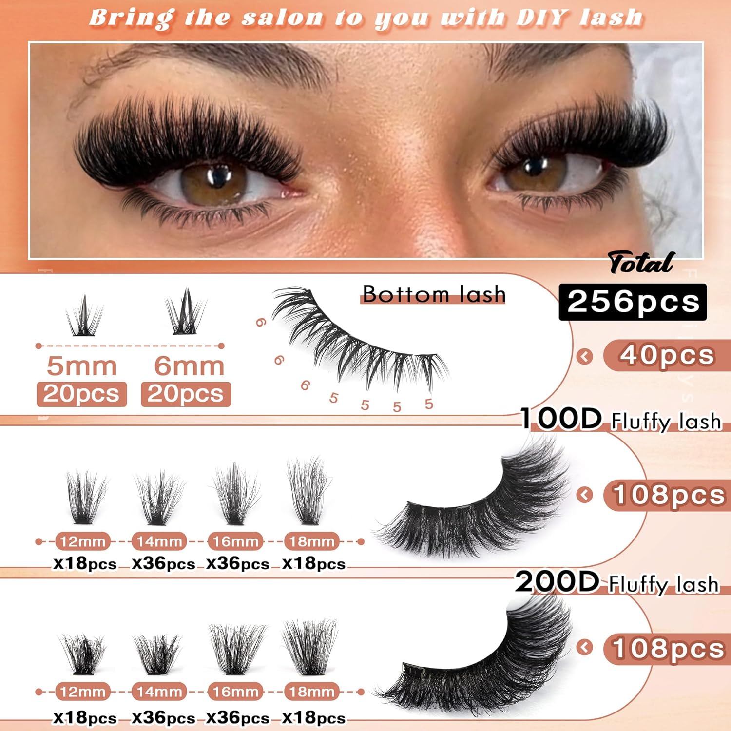 Focipeysa Eyelash Clusters 100D 200D Lashes Extensions with Bottom Lash Volume Fluff Lash Clusters 256pcs Individual Eyelash Extensions 12-18mm Eyelash Extensions DIY D-Curly Lash Extension at Home - Image 5