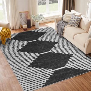 HelloTree Area Rug for Living Room 5x7 Washable Geometric Moroccan Rug Stripe Farmhouse Bohemian Minimalistic Non Slip Non Shedding Ultra Thin Soft Rug for Bedroom Office DiningRoom Nursery-Black