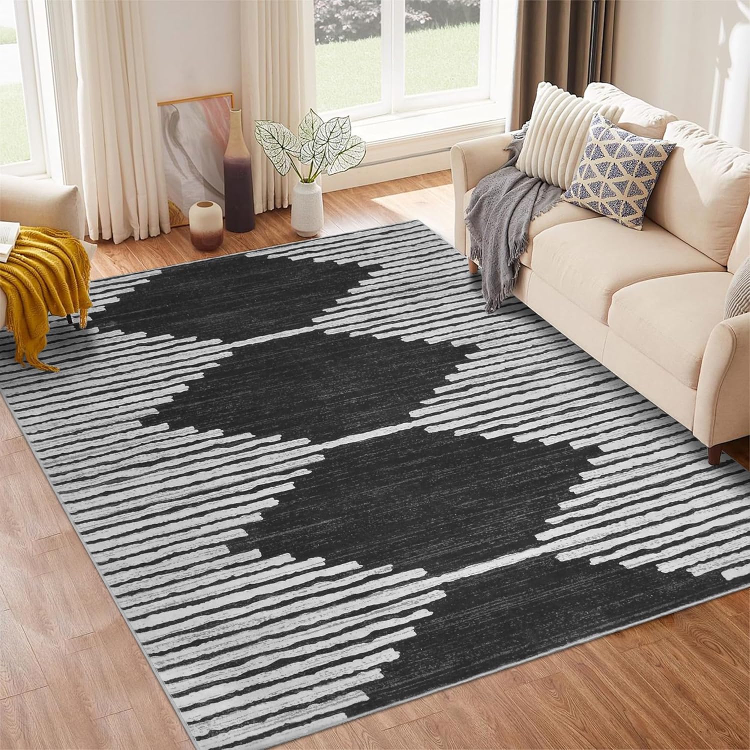 HelloTree Area Rug for Living Room 5×7 Washable Geometric Moroccan Rug Stripe Farmhouse Bohemian Minimalistic Non Slip Non Shedding Ultra Thin Soft Rug for Bedroom Office DiningRoom Nursery-Black