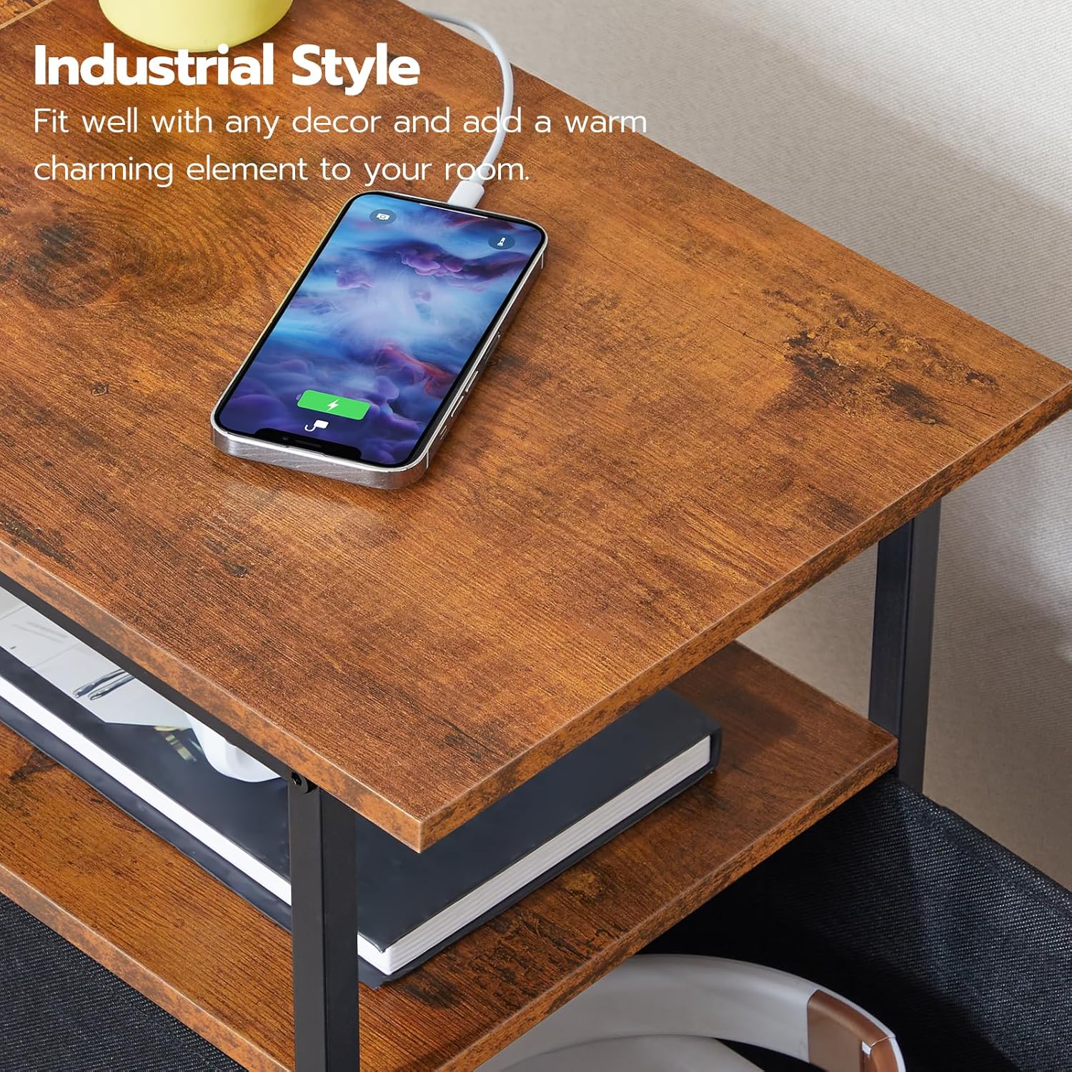 HOOBRO End Table with Charging Station, Narrow Side Table, Nightstand with 2 Non-Woven Drawers, Slim Sofa Side Table, for Small Spaces, Living Room, Bedroom, Rustic Brown and Black BF486UBZ01 - Image 5