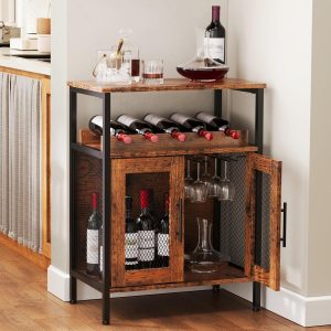 X-cosrack Wine Bar Rack Cabinet with Detachable Wine Rack, Coffee Barwith Glass Holder, Small Sideboard and Buffet Cabinet with Mesh Door, Rustic Brown(Patent Pending)