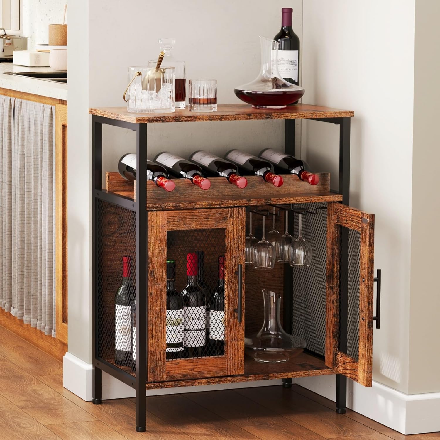 X-cosrack Wine Bar Rack Cabinet with Detachable Wine Rack, Coffee Barwith Glass Holder, Small Sideboard and Buffet Cabinet with Mesh Door, Rustic Brown(Patent Pending)