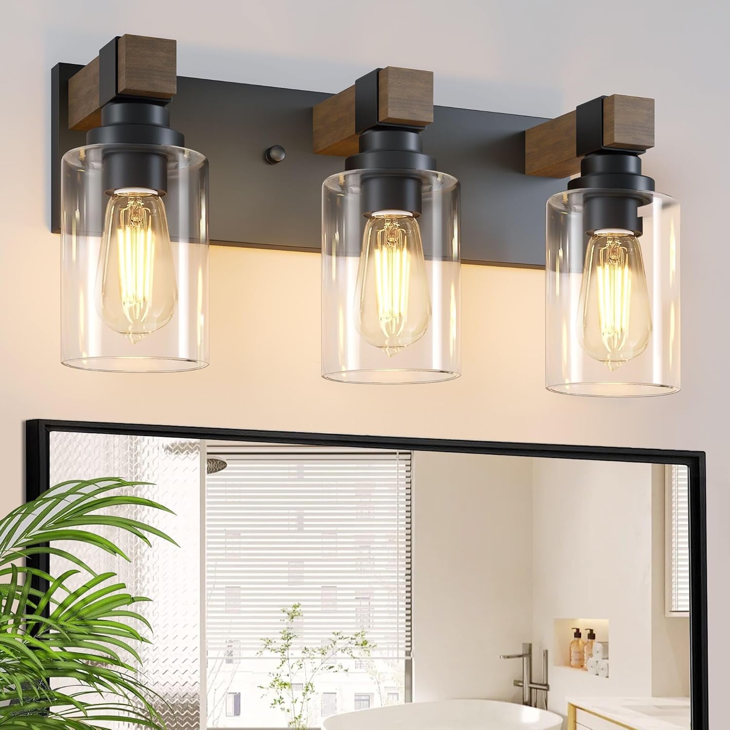 Farmhouse Bathroom Vanity Light Fixtures,Rustic 3-Light Wood Vanity Lights for Bathroom,Vintage Black Wall Sconces Lighting, Light fixtures Over Mirror, with Glass Shade