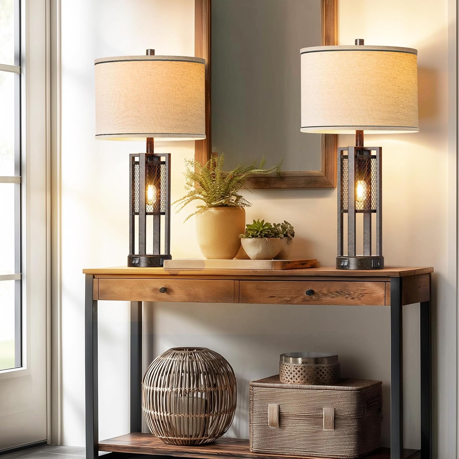 28'' Farmhouse Industrial Table Lamp Set of 2 - Rustic Bedside Nightstand Lamps with Dual USB A+C Ports, Bronze Metal Mesh Nightlight Desk Lamps for Bedroom Living Room, 4 LED Bulbs Included - Image 6