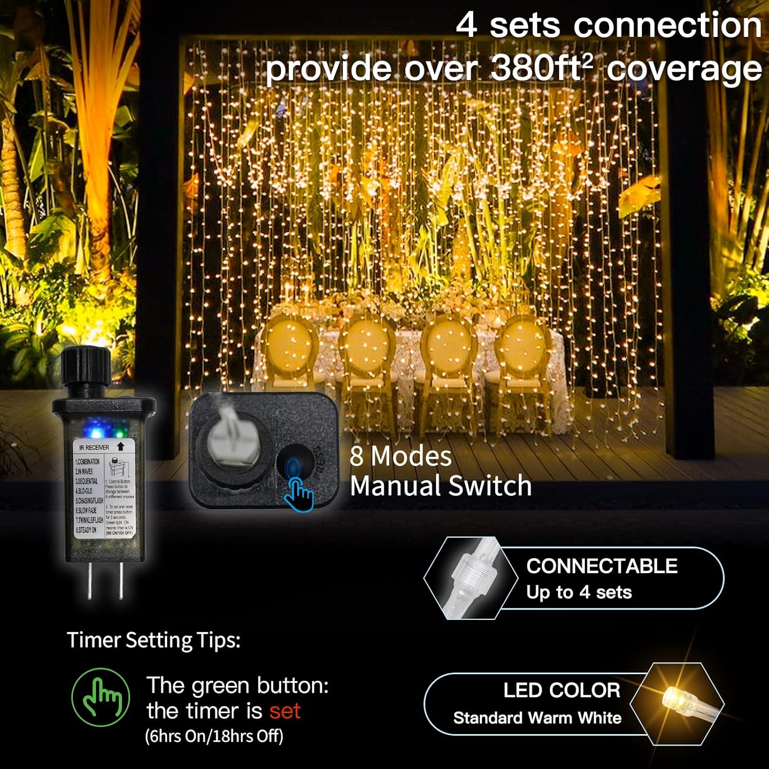 suddus Curtain Lights for Bedroom, 300 Led 9.8x9.8ft Hanging String Lights Outdoor, Fairy Curtain Lights Indoor for Christmas, Dorm, Wall, Backdrop, Window, Wedding, Party, Birthday Decor, Warm White - Image 6