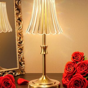 JACKYLED Vintage Cordless Table Lamp, Acrylic Crystal Flower Lamp Shade, 3 Colors Dimmable LED Golden Lamp, 5400mAh Battery Operated Rechargeable Lamp for Kitchen Counter Home Decor