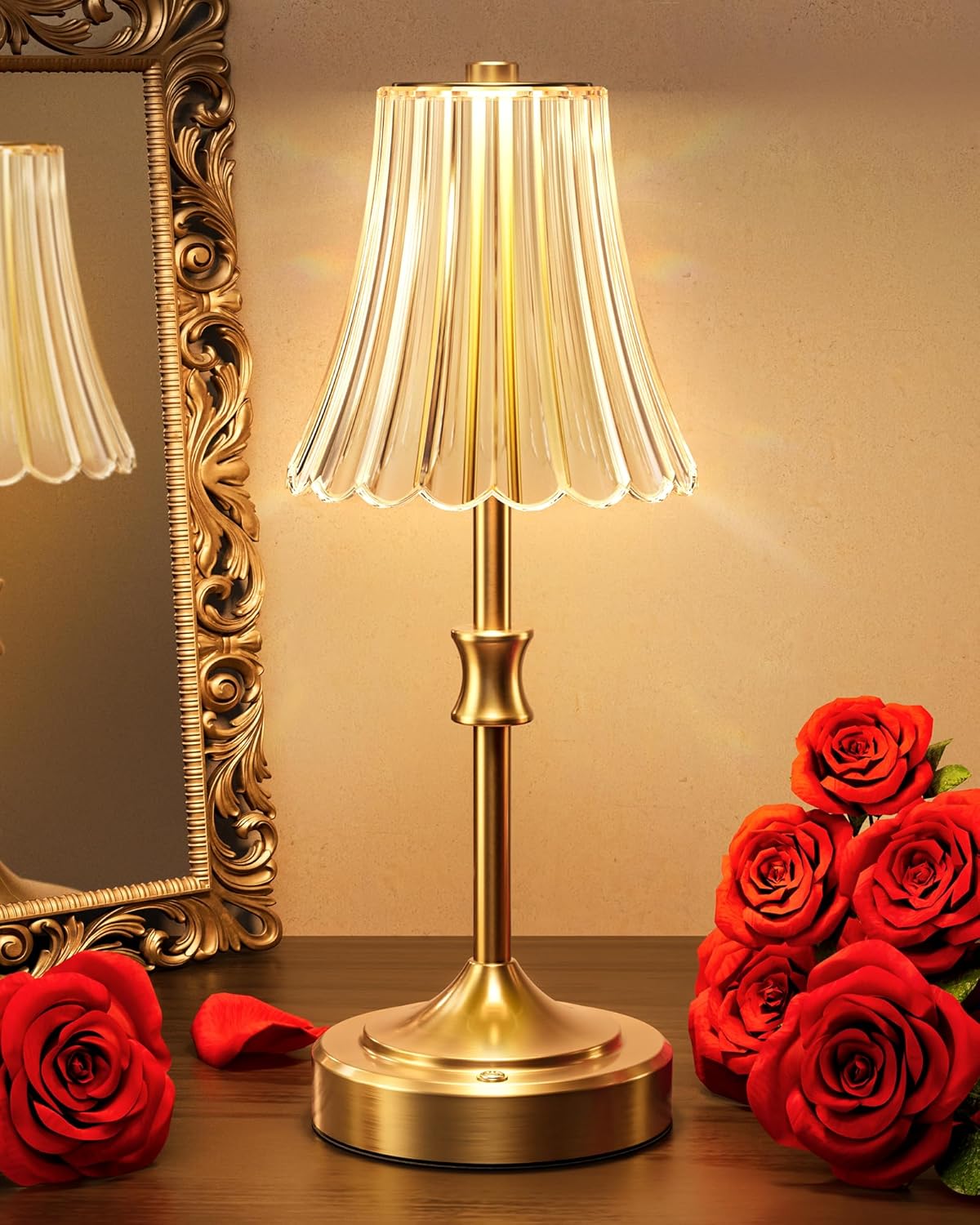 JACKYLED Vintage Cordless Table Lamp, Acrylic Crystal Flower Lamp Shade, 3 Colors Dimmable LED Golden Lamp, 5400mAh Battery Operated Rechargeable Lamp for Kitchen Counter Home Decor