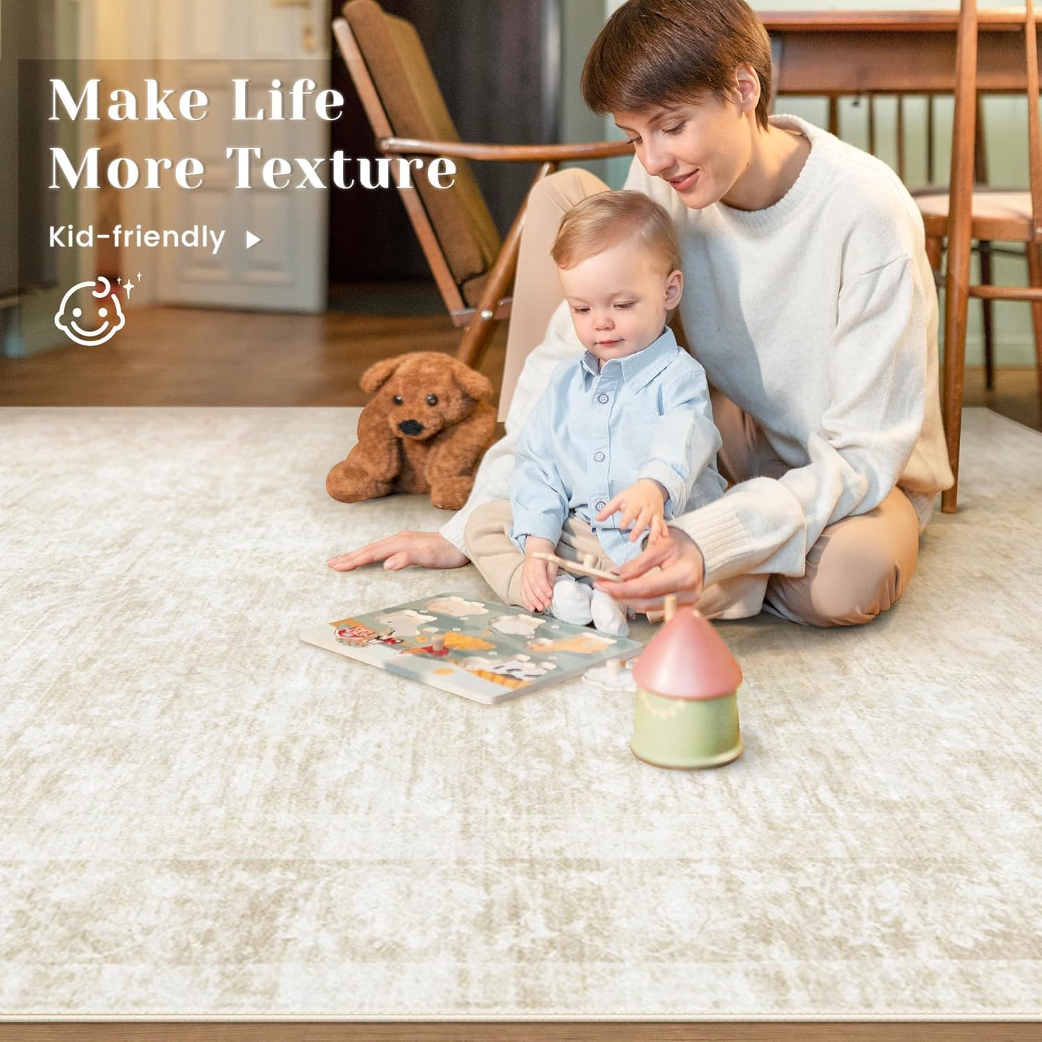 5x7 Area Rugs for Living Room: Washable Vintage Floral Rug Low Pile Non-Slip Boho Carpet for Bedroom Nursery Dining Room (Beige, 5'x7') - Image 3