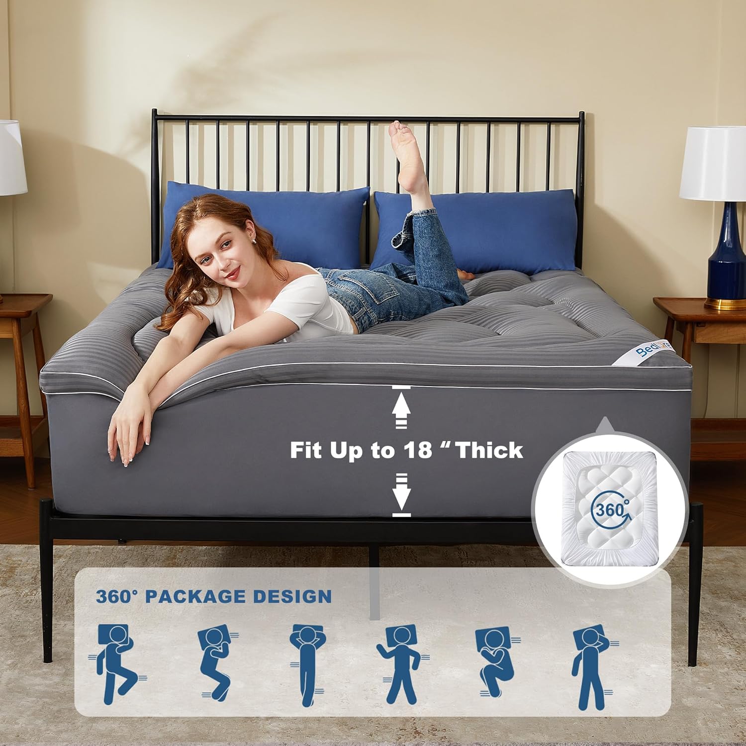 BEDLORE Queen Mattress Topper, Thick Pillow Top Pad for Back Pain Relief, Cooling Soft Mattress Cover with Deep Pockets 6-18 inch - Image 4