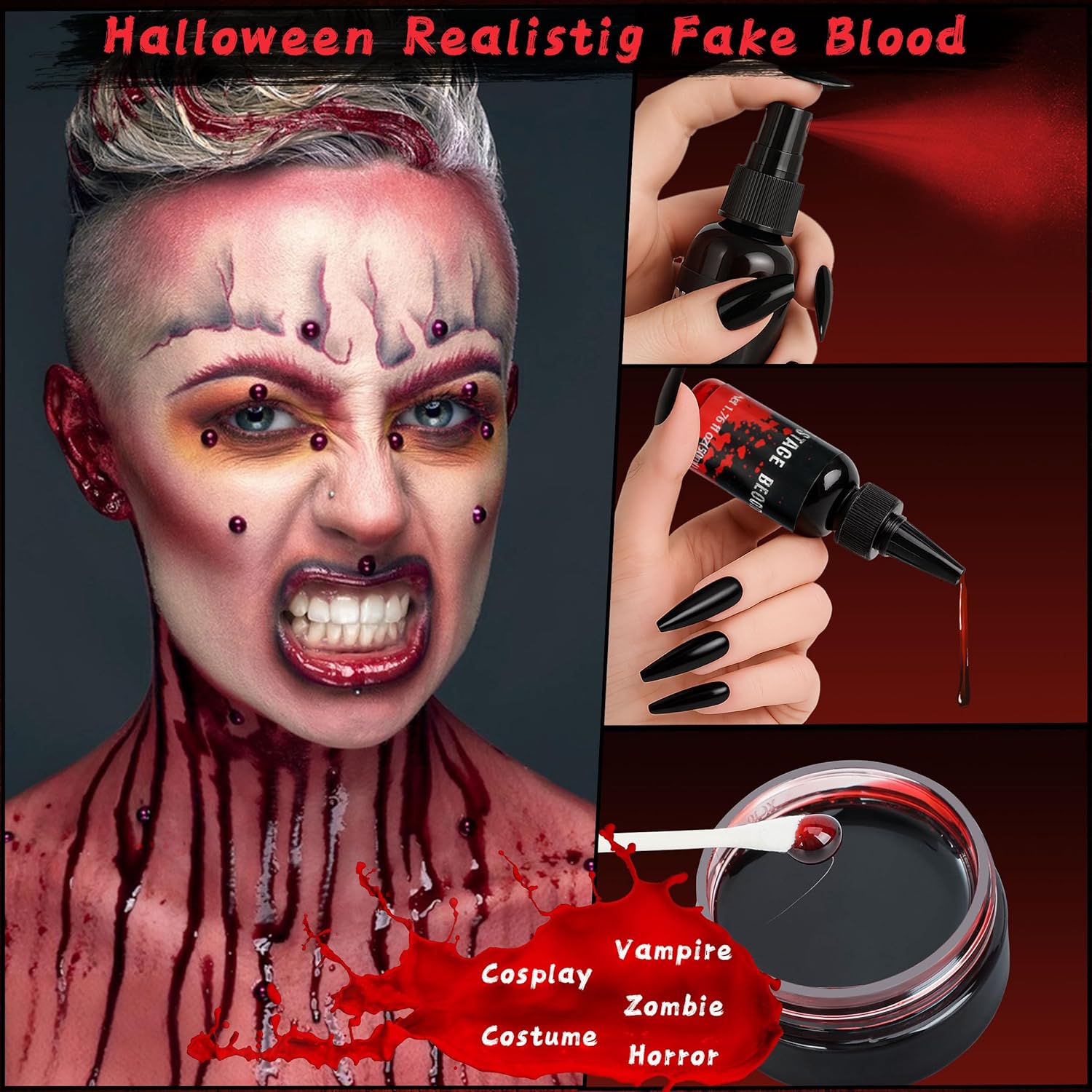 3PCS Halloween Fake Blood Makeup Kit - Coagulated 1.06oz + Spray 1.76oz + Dripping 1.76oz , Realistic Washable SFX Makeup for Zombie Costumes , Perfect for Spooky Season - Image 3