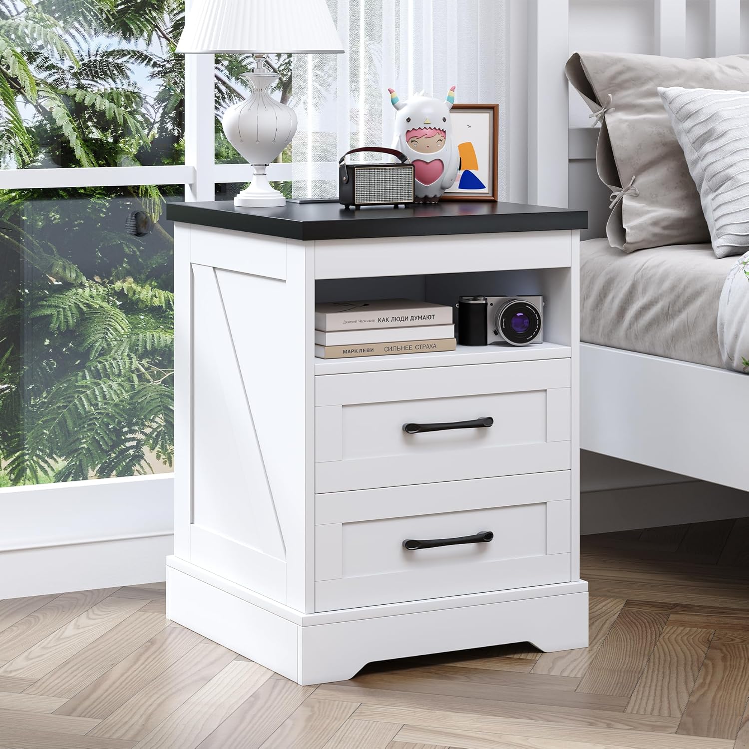 18” Nightstand with LED Lights, White Farmhouse Bedside Table with 2 Drawers and Open Storage Shelf, Built-in Power Outlets & USB Ports, End Table for Bedroom, Living Rooms, Home Offices,White