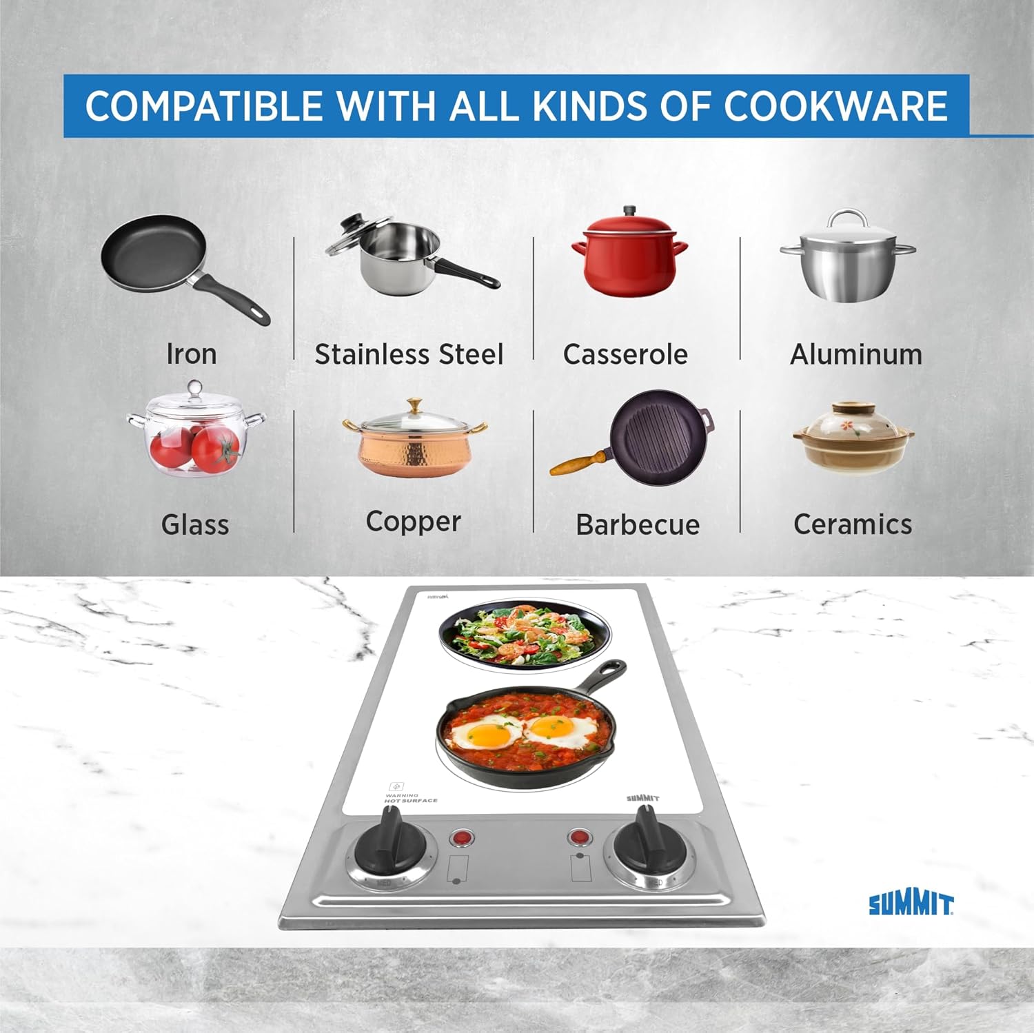 Summit CR2B120WH 12" Wide 115V 2-Burner Radiant Cooktop, Smooth White Ceramic Glass, 1400W, Safety Indicator Lights, ADA Compliant, Easy to Clean, Cord included, Hotel Suites, Extended Stay, Apartment - Image 4
