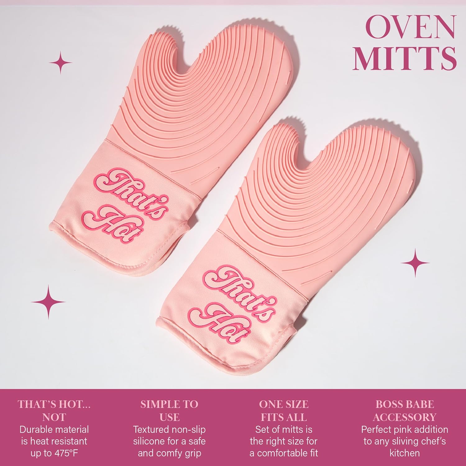 Paris Hilton Oven Mitt Set with Iconic That's HOT Design, Heat Resistant Pot Holders Featuring Non-Slip Textured Silicone Grips, 2-Piece Set, Pink - Image 4