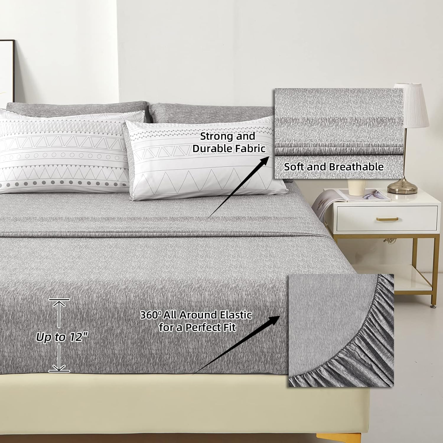 WONGS BEDDING Boho Comforter Set King Size,7 Pieces Grey White Geometric Bohemian Bed in a Bag Comforter Complete Striped Bedding Set for All Season with Sheets,Pillowcases & Shams Soft Microfiber - Image 5