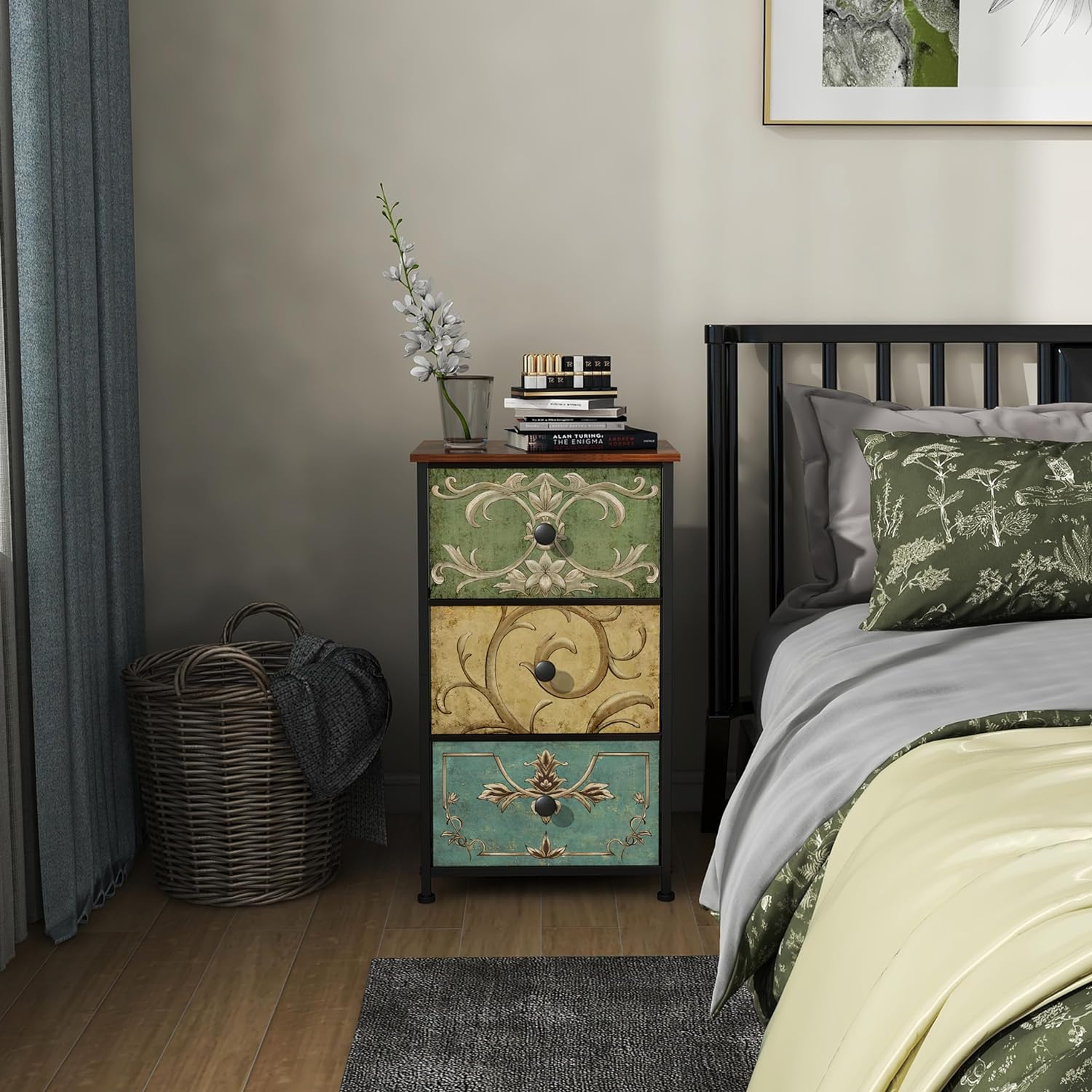 Tohomeor Small Dresser for Bedroom with Retro Flower Narrow Drawers Slim Chest of Drawers Skinny Nightstand Sofa End Table for Living Room Entryway Closet Storage (Multi, 3 Drawers) - Image 7