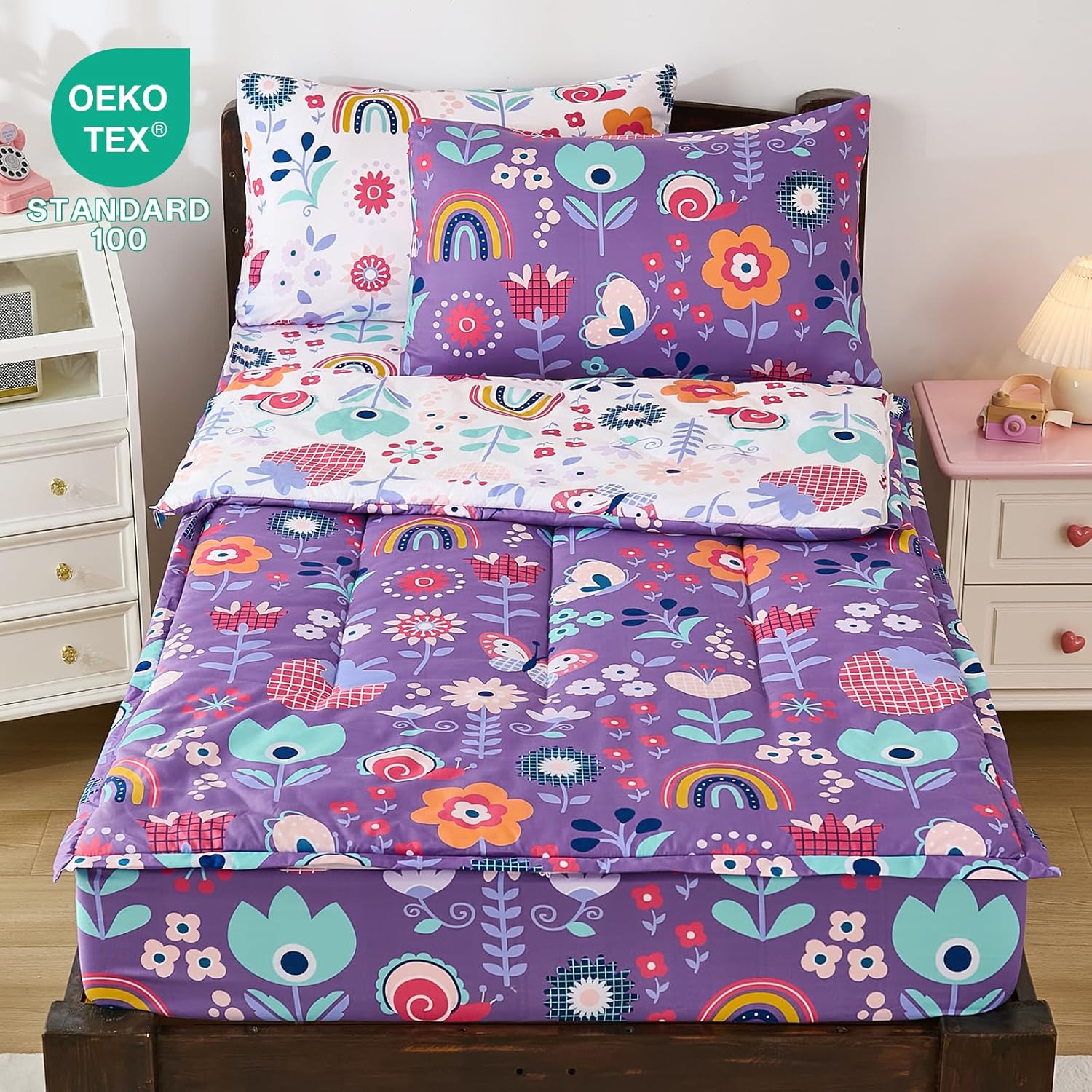 DJY Zipper Bedding Set Full, Purple Floral Bedding Sets for Girls, Kids Comforter Set with Fitted Sheet Pillowcases, All in One Zipper Bed Set for All Seasons - Image 2
