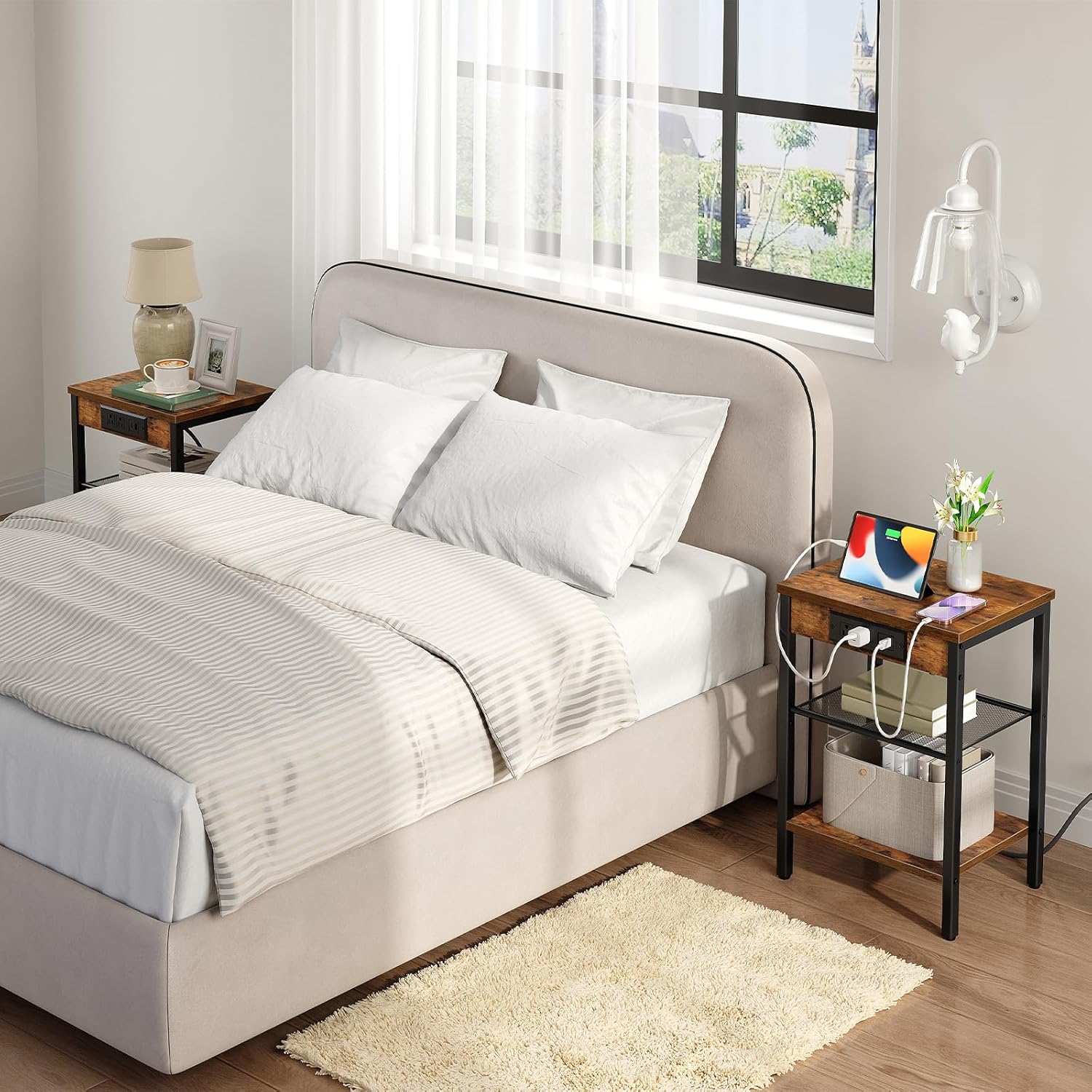 HOOBRO Side Table with Charging Station and USB Port, Small End Table for Small Space, 3-Tier Nightstand with Adjustable Shelf, for Living Room, Bedroom and Balcony, Rustic Brown BF112BZ01 - Image 2