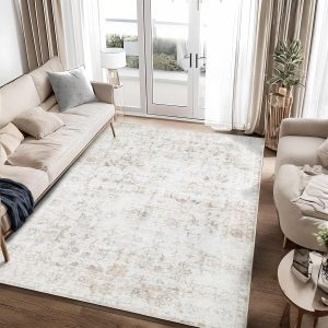 Washable 8×10 Area Rug for Living Room, Vintage Floral Rug Soft Non Slip Stain Resistant Boho Carpet for Bedroom Dinning Room Home Office Beige