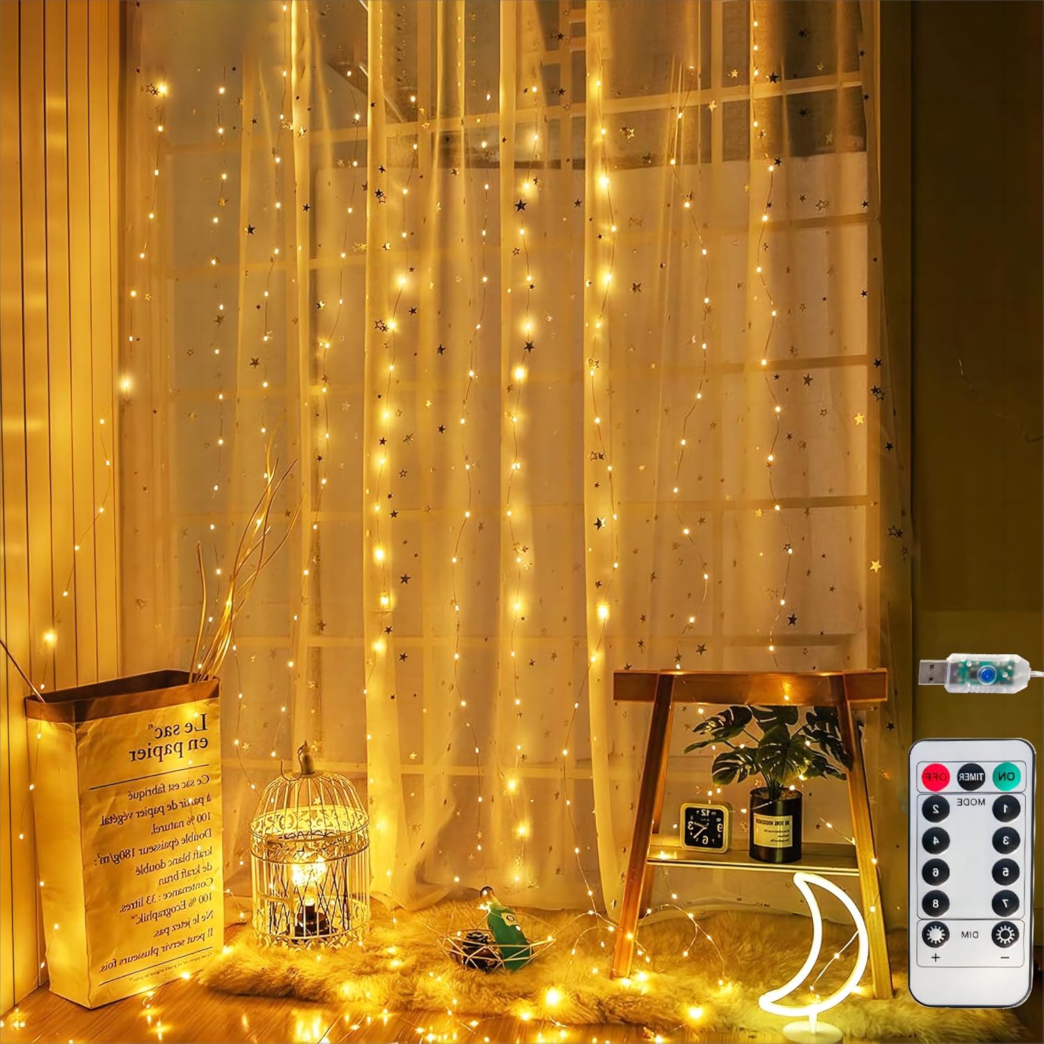 Honche 300Led Fairy Curtain String Lights 10x10ft with Remote Window Lights for Bedroom Wedding Party Festive Season Propose Christmas Decoration(Warm White) - Image 7