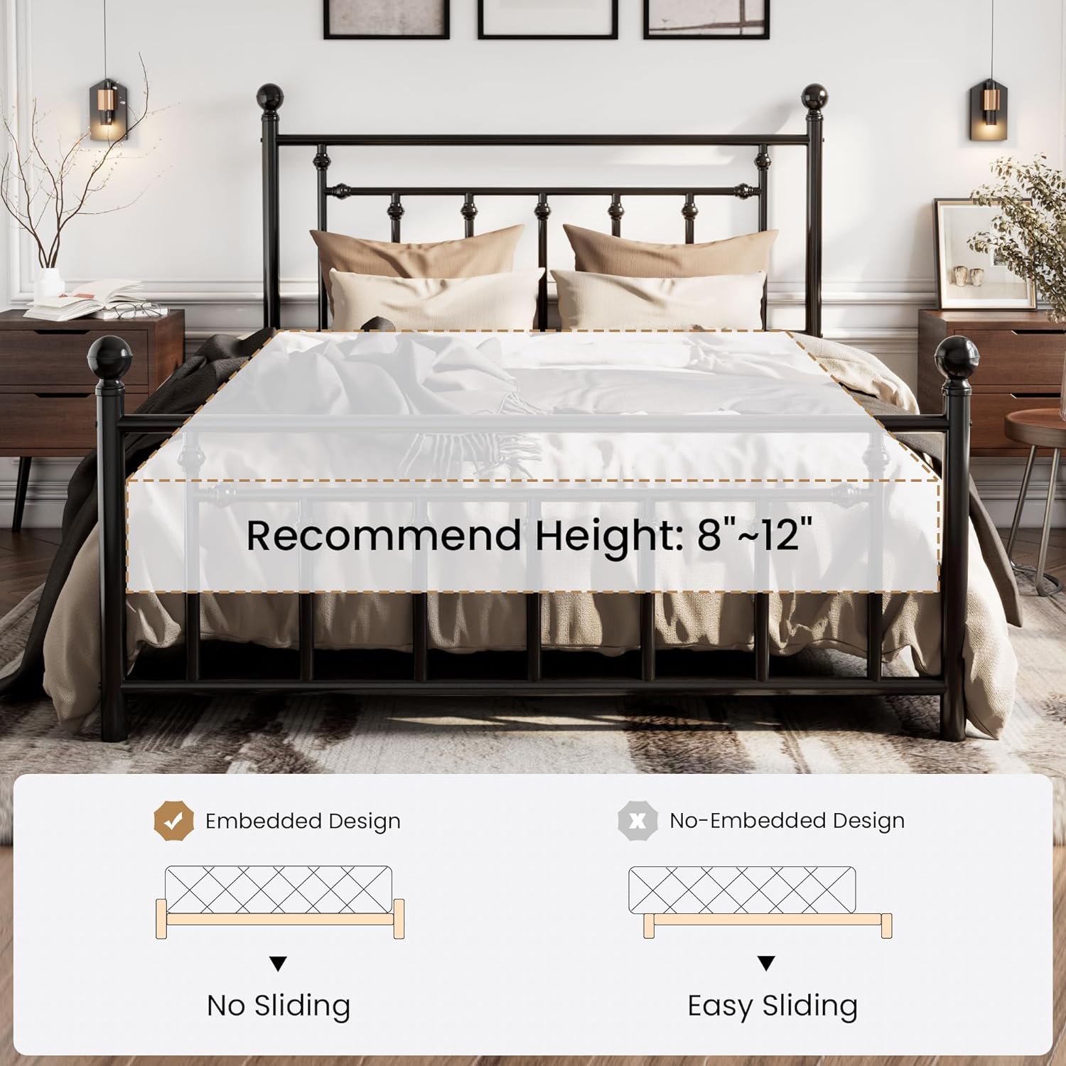 SHA CERLIN 14'' Queen Size Metal Platform Bed Frame/Victorian Headboard and Footboard/Steel Slats Mattress Foundation for Storage/No Box Spring Needed/Noise Free/Black - Image 7