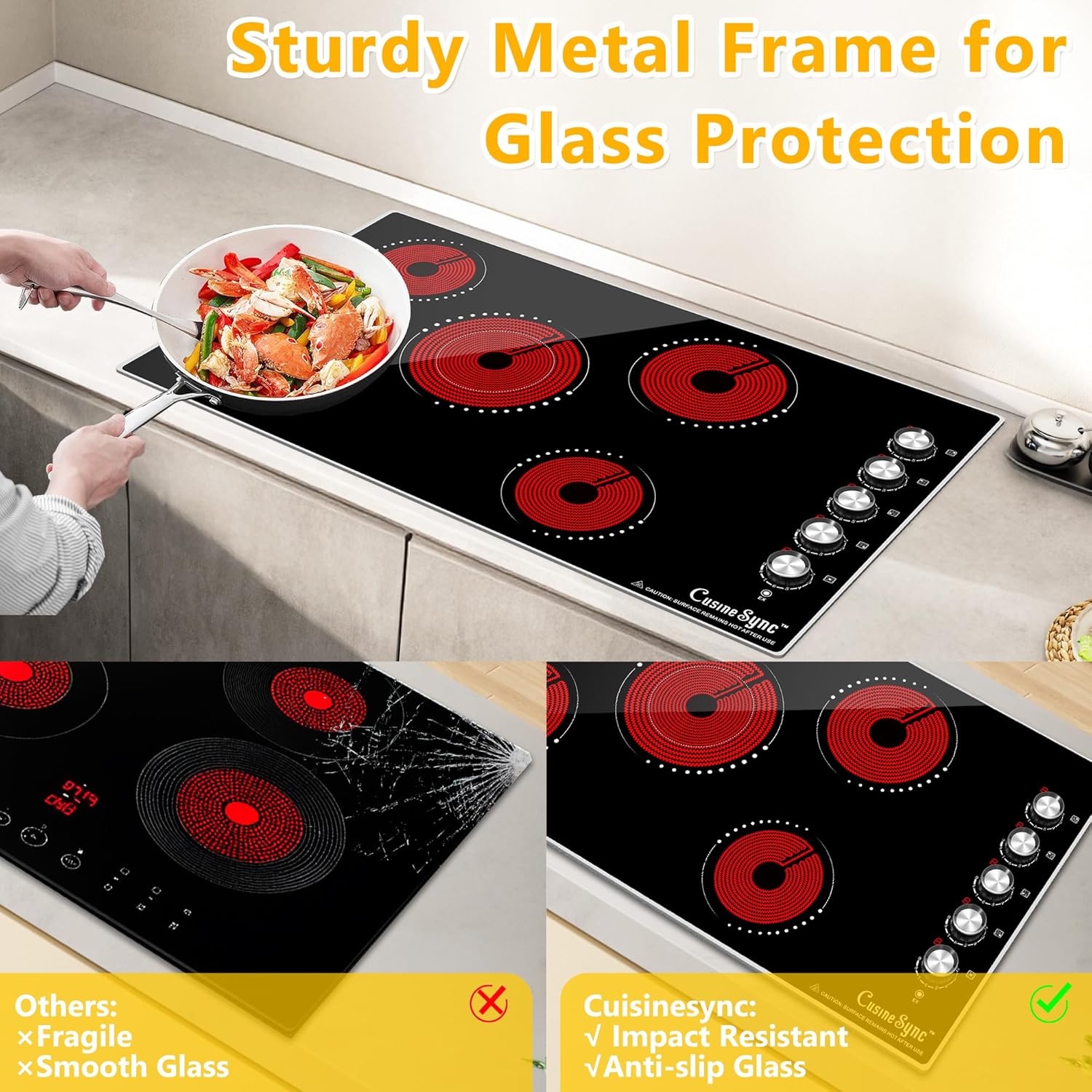 36 Inch Electric Cooktop, 5 Burner Ceramic Stove Top with 9 Power Levels, Knob Control, Auto shutdown and Residual Heat Warning, 8500W, 220-240V for Hard Wire - Image 8