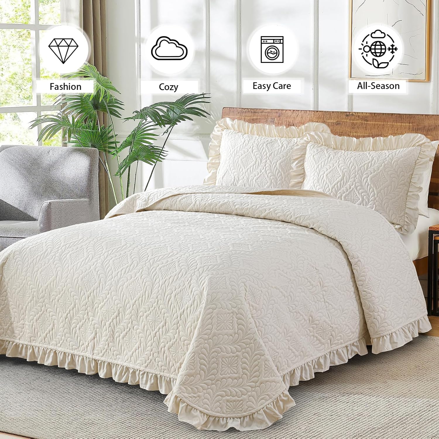 DJY Queen Quilt Bedding Set Size, Beige Ruffled Lightweight Soft Bedspreads Queen Size Coverlet, Basket Weave Quilted Blanket Thin Quilt Bed Cover for All Season - 3 Piece (1Quilt, 2 Pillow Shams) - Image 2