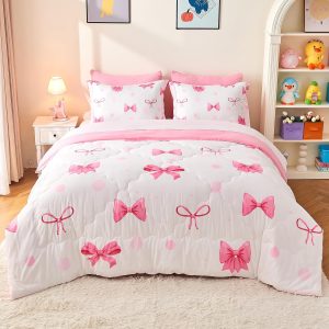 Wajade 7 Piece Pink Bow Bedding Set for Girls Kids Full Size Comforter Set with Sheet and 2 Pillowcases 2 Pillow Shams Cute Girls Bed in a Bag as Birthday Choice