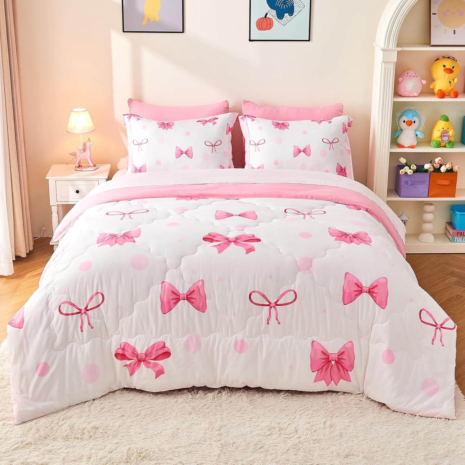 Wajade 7 Piece Pink Bow Bedding Set for Girls Kids Full Size Comforter Set with Sheet and 2 Pillowcases 2 Pillow Shams Cute Girls Bed in a Bag as Birthday Choice