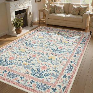 Joydeco Light Pink Washable Area Rugs 8x10 Bedroom Girls Kids Nursery, Boho Floral Large 8 x 10 Area Rugs for Living Room, Non Slip Soft Indoor Floor Carpet for Playroom Dorm Classroom