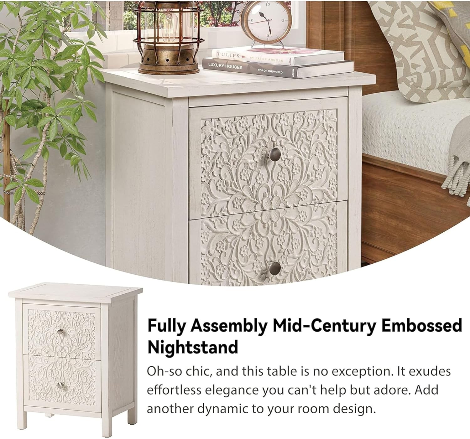 COZAYH 2-Drawer Carved Wood Nightstand, White w/ Distressed Finish – Bedside Table w/ Floral Patterns & Antique Bronze Knobs – Pre-Assembled Farmhouse Bedroom Furniture for Small Spaces - Image 4
