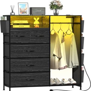 Dresser for Bedroom with Clothes Rack Side Pockets 5 Drawer Dresser with Charging Station LED Lights Black Storage Chest of Drawers for Nursery Hallway Closet Sturdy Steel Frame Wood Top