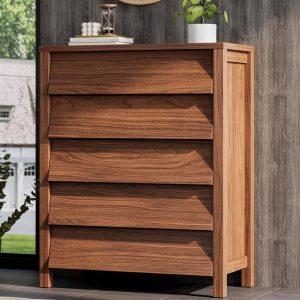 IRONCK 5 Drawer Dresser for Bedroom, Modern Chest of Drawers with Handleless Design, Wooden Tall Dresser Storage Cabinet Bedroom Furniture for Living Room, Hallway, Closet, Walnut