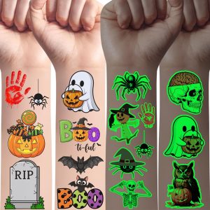 Glow In Dark Halloween Temporary Tattoos | Luminous Halloween Decorations Accessories Party Favors Supplies Trick Or Treat Décor Skull Skeleton Pumpkin Bat Owl Ghost Gift Idea For Kis Teen Adult-60Pcs