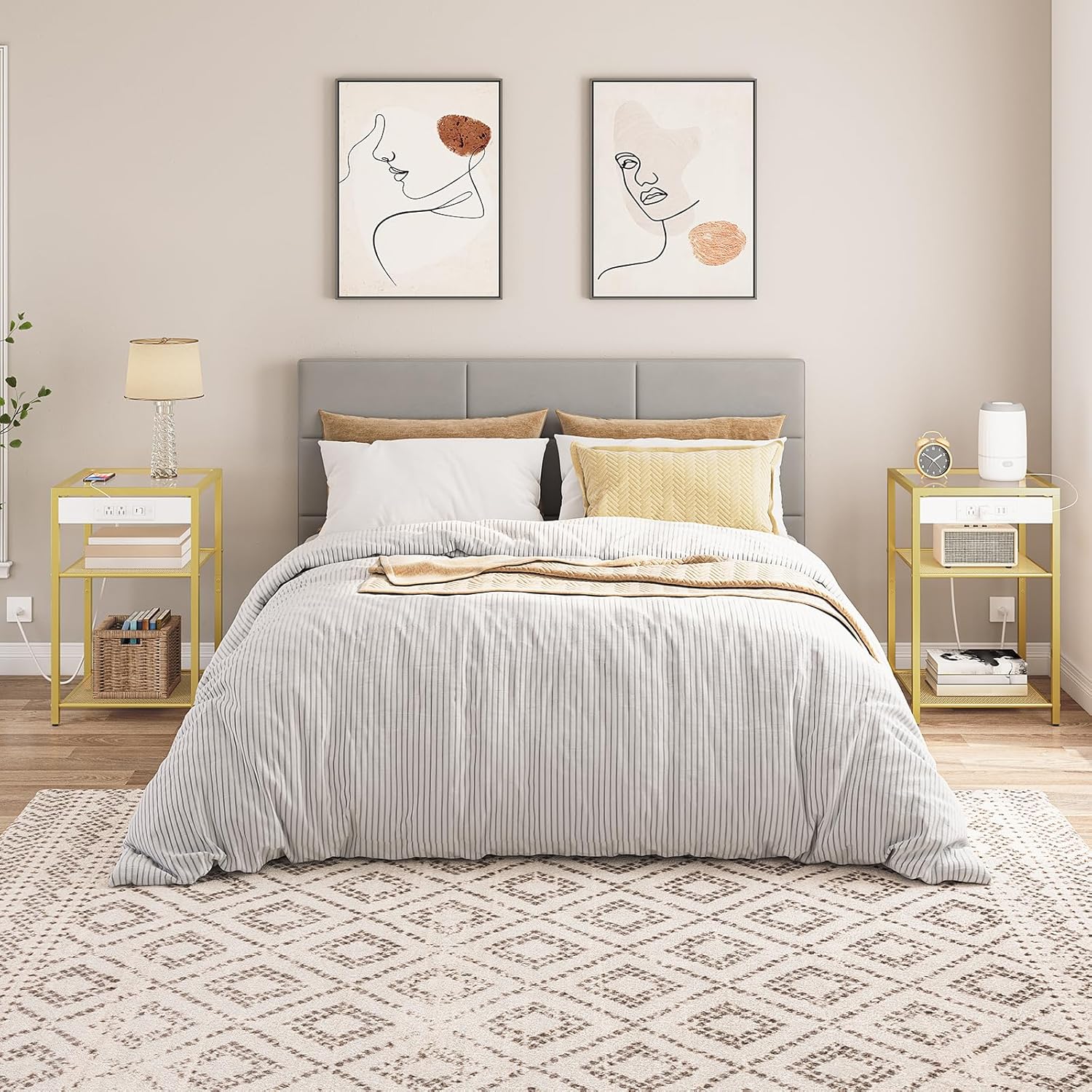 HOOBRO End Tables Set of 2 with Charging Station, Side Tables with USB Ports & Power Outlets, 3-Tier Slim Nightstands with Storage Shelves, Tempered Glass, for Living Room, Bedroom, Gold GD77UBZP201 - Image 2