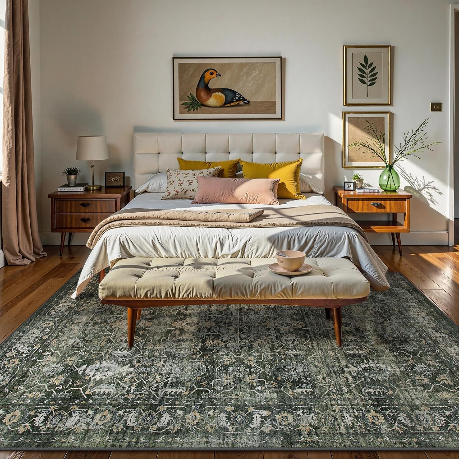 Lahome Washable Area Rugs 5x7 Green Rugs for Living Room,Boho Rug for Bedroom,Dining Room Carpet for Under Table, Distressed Non Slip Low Pile Carpet for Indoor Home Office Nursery(5'x7',Green) - Image 2