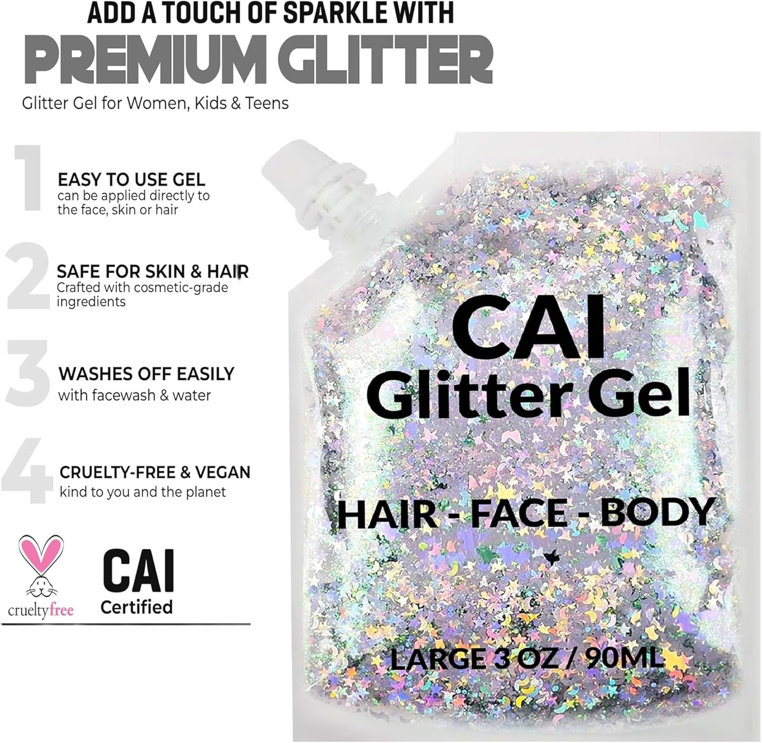 Face, Body & Hair Glitter Gel – Halloween Glitter for Kids and Women – 3 Oz Cosmetic-Grade Gel w/Moon & Stars for Festivals & Halloween Party, Easy Apply & Wash Off - Silver 1Pack - Image 7