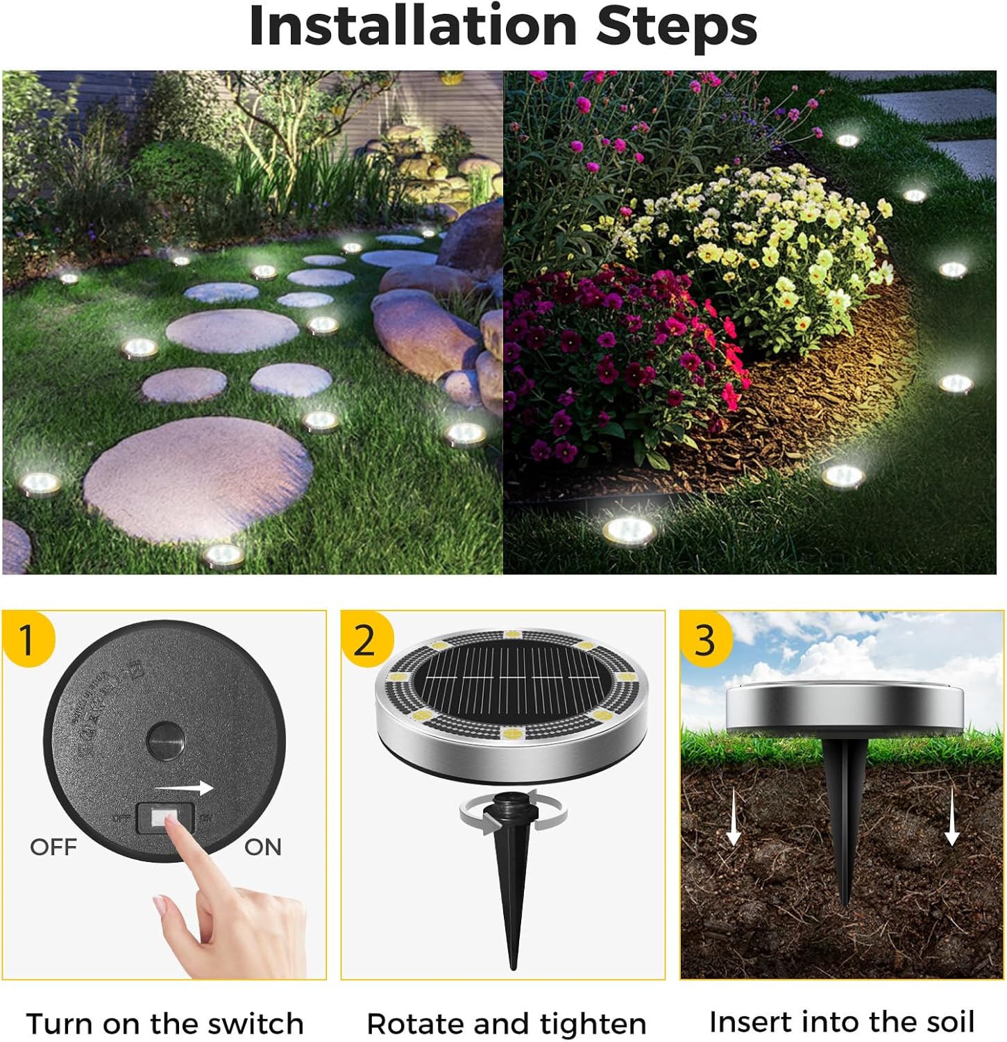 6 Pack Solar Ground Lights Outdoor, Solar Powered Disc Lights for Outside, IP65 Waterproof Anti-Rust Flat Disk Light, Small Landscape Lighting for Pathway Garden Yard Walkway Driveway Lawn,Cool White - Image 5