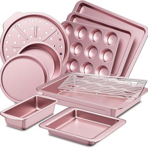 HONGBAKE Bakeware Sets, Baking Pans Set, Nonstick Oven Pan for Kitchen with Wider Grips, 10-Piece Including Rack, Cookie Sheet, Cake Pans, Loaf Pan, Muffin Pan, Pizza Pan - Pink